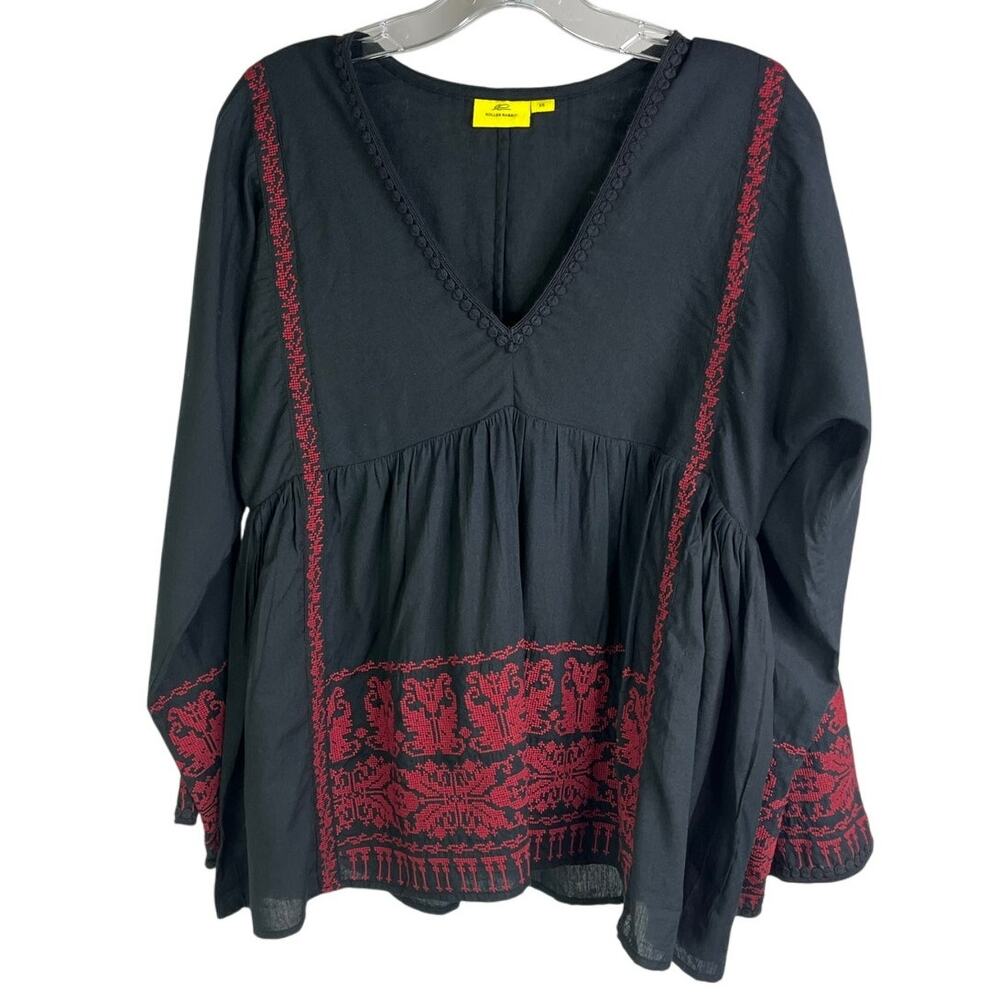 Roller Rabbit Betania Top Womens XS Black Boho Embroidered‎ Long Sleeve V-Neck